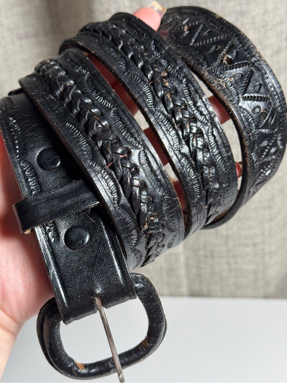 Vintage Mexico Hand Tooled Black Leather Belt Size 40